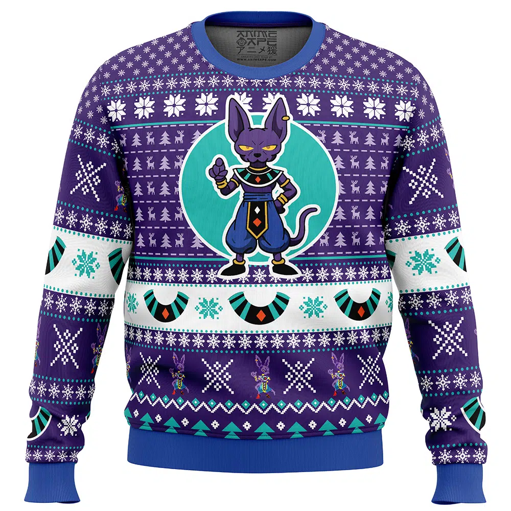 Beerus-Dragon-Ball-Z_Ugly-Christmas-Sweater-FRONT-mockup Beerus Dragon Ball Z Ugly Christmas Sweater FRONT mockup - Dragon Ball Mall